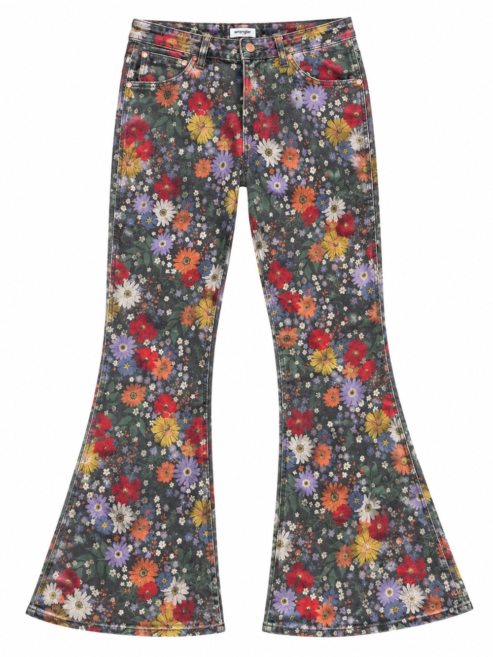 Wrangler Floral Bell Bottom Jeans - Olive Base with Multicolor Blooms